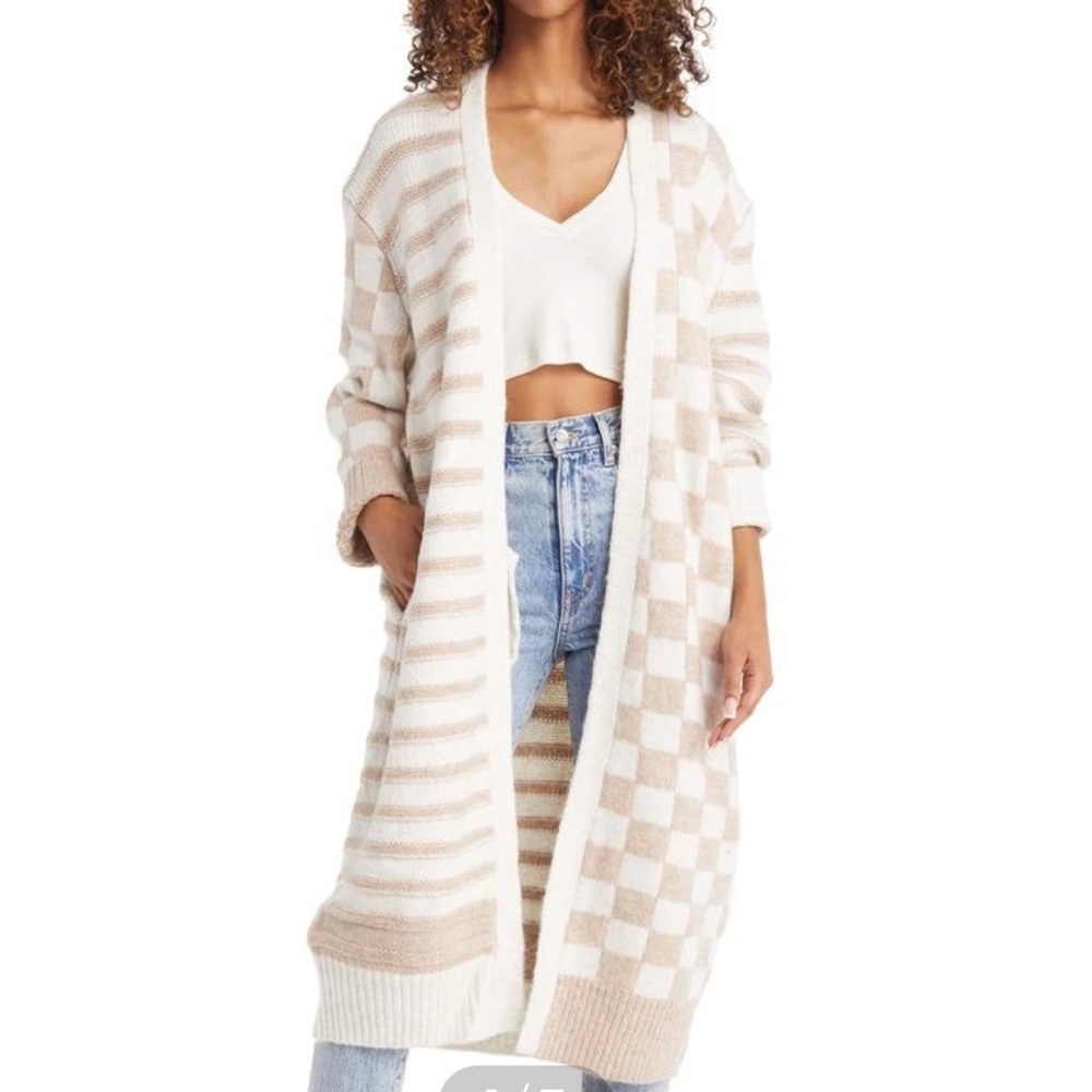 Topshop Women's Cream and Tan striped and checkerboard Long Cardigan size medium